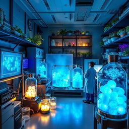 A special lab where magical frost berries are contained, featuring high-tech glass containers filled with vibrant blue and white frost berries glowing softly