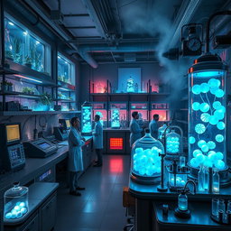 A special lab where magical frost berries are contained, featuring high-tech glass containers filled with vibrant blue and white frost berries glowing softly