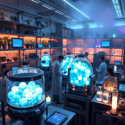 A special lab where magical frost berries are contained, featuring high-tech glass containers filled with vibrant blue and white frost berries glowing softly