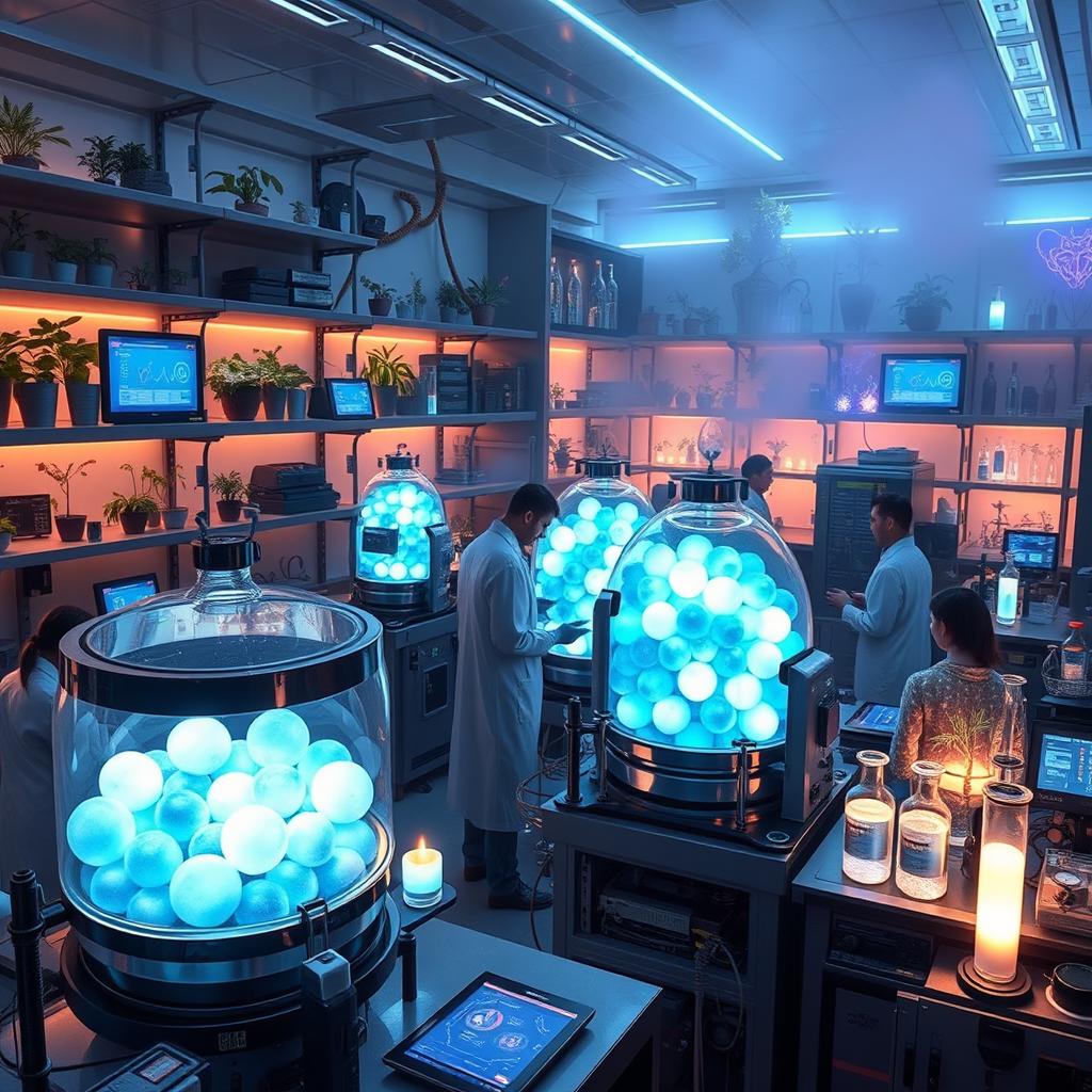 A special lab where magical frost berries are contained, featuring high-tech glass containers filled with vibrant blue and white frost berries glowing softly