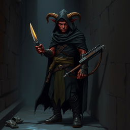 A full-body image of a 4ft tall adult Tiefling rogue with dark red skin and small sharp horns