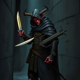 A full-body image of a 4ft tall adult Tiefling rogue with dark red skin and small sharp horns