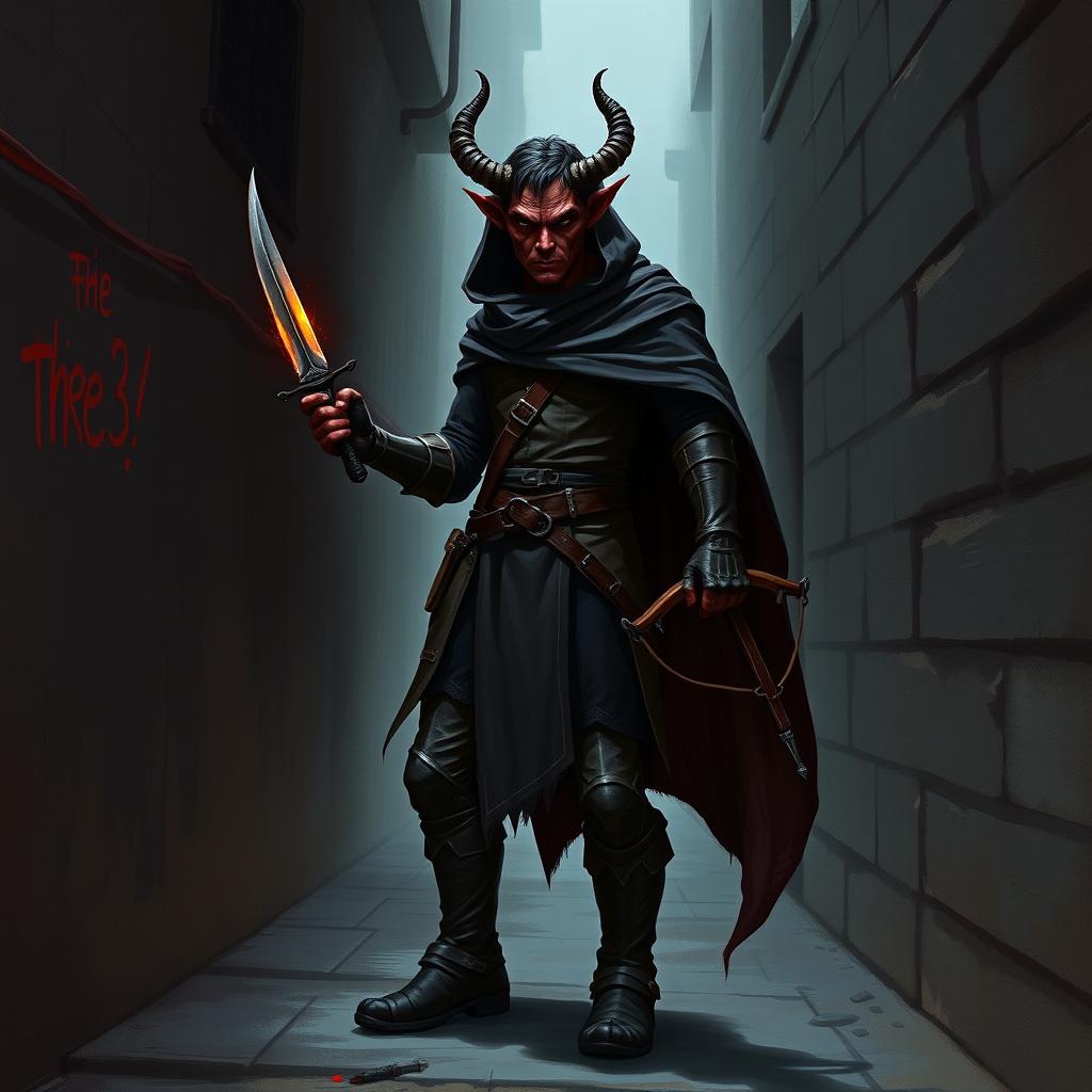 A full-body image of a 4ft tall adult Tiefling rogue with dark red skin and small sharp horns