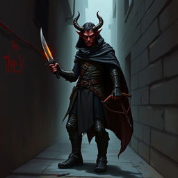 A full-body image of a 4ft tall adult Tiefling rogue with dark red skin and small sharp horns