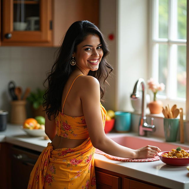 A cheerful Indian stepmom in a vibrant, revealing outfit, happily engaged in kitchen chores