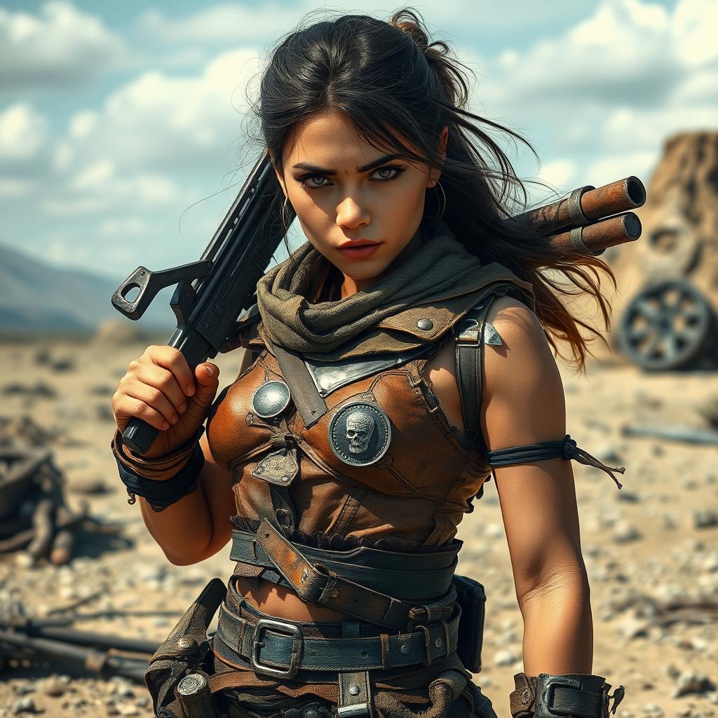 Lee, a female raider, stands confidently in a post-apocalyptic landscape