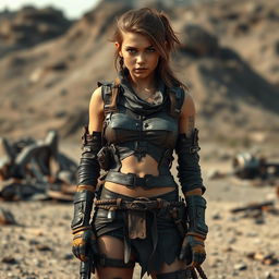Lee, a female raider, stands confidently in a post-apocalyptic landscape