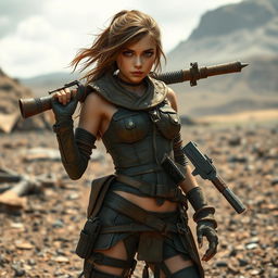 Lee, a female raider, stands confidently in a post-apocalyptic landscape