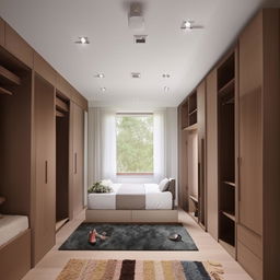 Evoke a large room with a sky-like ceiling. There's a bed erected in the middle hanging on the wall, adjacent to a full length mirror and an extensive, multifaceted wardrobe. The floor is carpeted with a subtle mat, and across the bed, a wall showcases an in-built waterfall. One of the walls, painted in a blend of light and dark, is left unoccupied. Finally, highlight a robust study table and wall shelves.