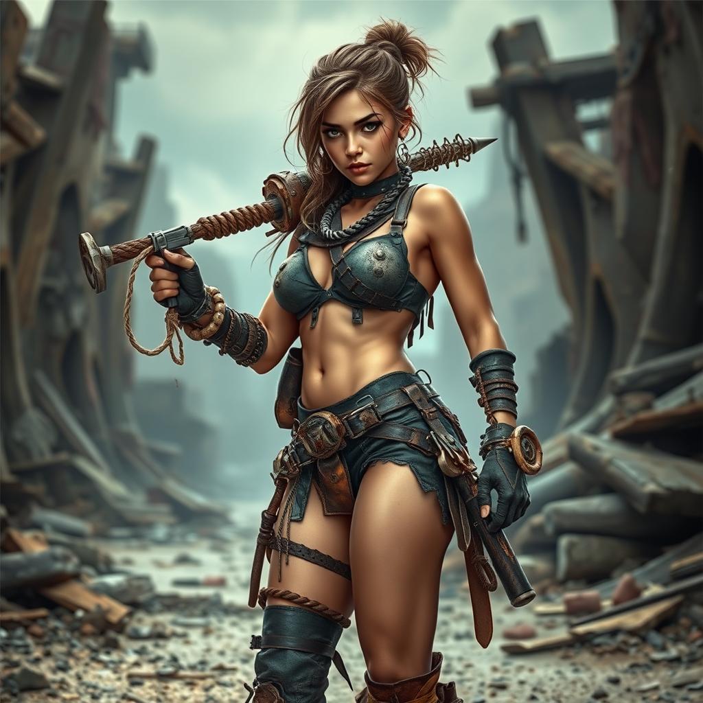 Lee, a female raider, stands boldly in a desolate, post-apocalyptic environment