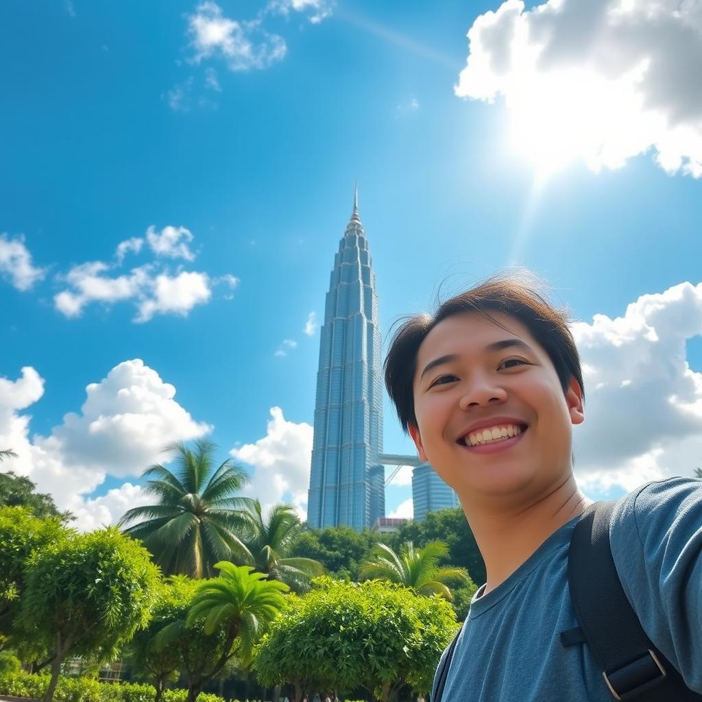 A person standing in front of the iconic KL Tower, capturing the tower's grandeur in the background