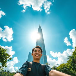 A person standing in front of the iconic KL Tower, capturing the tower's grandeur in the background