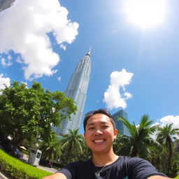 A person standing in front of the iconic KL Tower, capturing the tower's grandeur in the background