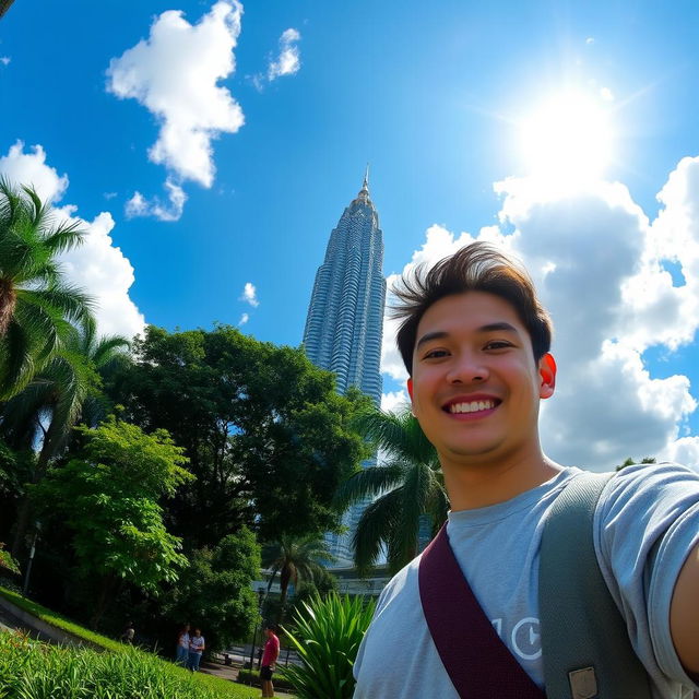 A person standing in front of the iconic KL Tower, capturing the tower's grandeur in the background