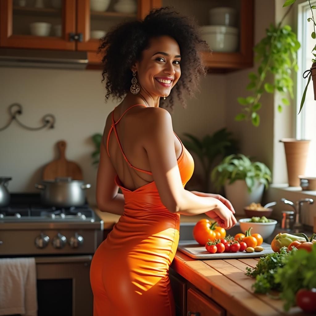 A lively scene featuring a joyful Indian woman in the kitchen, wearing a short latex dress that highlights her figure