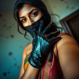 A hot Indian woman exuding confidence, elegantly dressed in a vibrant saree with intricate patterns and rich textures