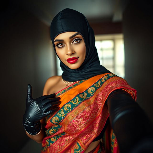 A hot Indian woman exuding confidence, elegantly dressed in a vibrant saree with intricate patterns and rich textures