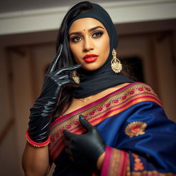 A hot Indian woman exuding confidence, elegantly dressed in a vibrant saree with intricate patterns and rich textures