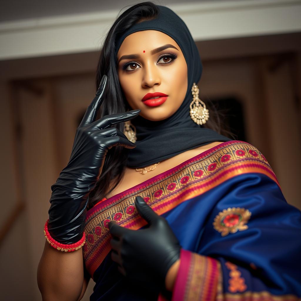 A hot Indian woman exuding confidence, elegantly dressed in a vibrant saree with intricate patterns and rich textures