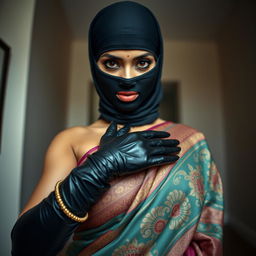 A hot Indian woman exuding confidence, elegantly dressed in a vibrant saree with intricate patterns and rich textures