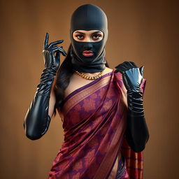 A hot Indian woman exuding confidence, elegantly dressed in a luxurious saree that features intricate patterns and rich colors