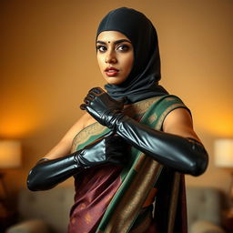 A hot Indian woman exuding confidence, elegantly dressed in a luxurious saree that features intricate patterns and rich colors