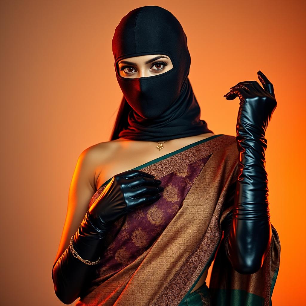 A hot Indian woman exuding confidence, elegantly dressed in a luxurious saree that features intricate patterns and rich colors