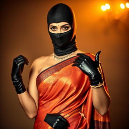 A hot Indian woman exuding confidence, elegantly dressed in a luxurious saree that features intricate patterns and rich colors