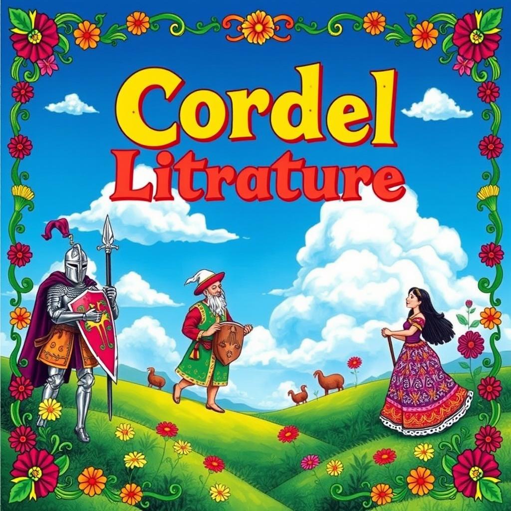 A vibrant and intricate Brazilian Cordel literature scene featuring colorful, hand-drawn illustrations of traditional folklore characters such as a valiant knight, a wise old man, and a beautiful maiden