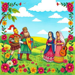 A vibrant and intricate Brazilian Cordel literature scene featuring colorful, hand-drawn illustrations of traditional folklore characters such as a valiant knight, a wise old man, and a beautiful maiden