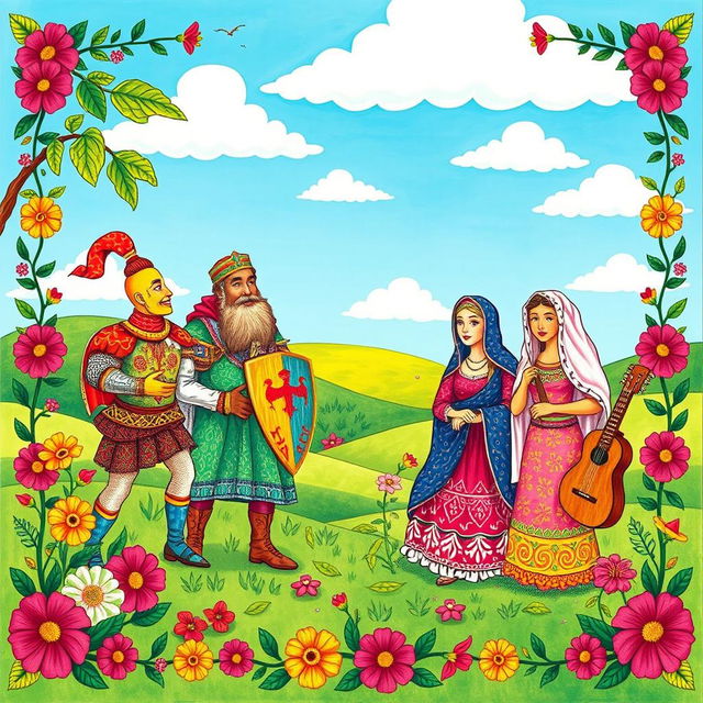 A vibrant and intricate Brazilian Cordel literature scene featuring colorful, hand-drawn illustrations of traditional folklore characters such as a valiant knight, a wise old man, and a beautiful maiden