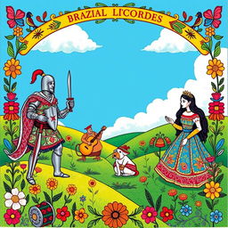 A vibrant and intricate Brazilian Cordel literature scene featuring colorful, hand-drawn illustrations of traditional folklore characters such as a valiant knight, a wise old man, and a beautiful maiden