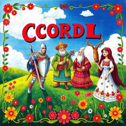A vibrant and intricate Brazilian Cordel literature scene featuring colorful, hand-drawn illustrations of traditional folklore characters such as a valiant knight, a wise old man, and a beautiful maiden