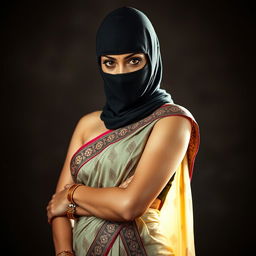 A striking portrait of a hot woman wearing a traditional saree, elegantly draped and detailed with intricate patterns and vibrant colors