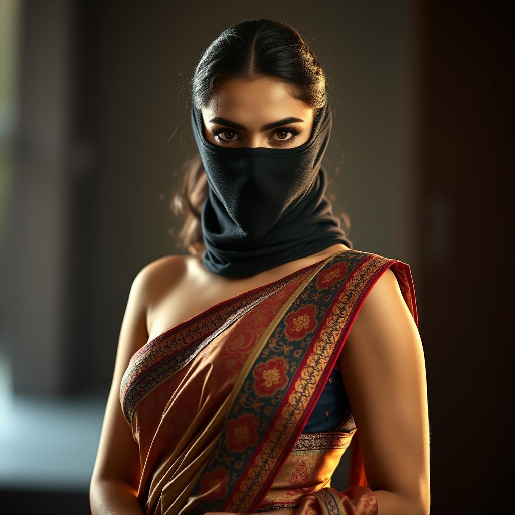 A striking portrait of a hot woman wearing a traditional saree, elegantly draped and detailed with intricate patterns and vibrant colors