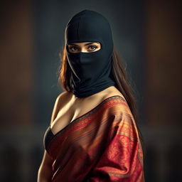 A striking portrait of a hot woman wearing a traditional saree, elegantly draped and detailed with intricate patterns and vibrant colors
