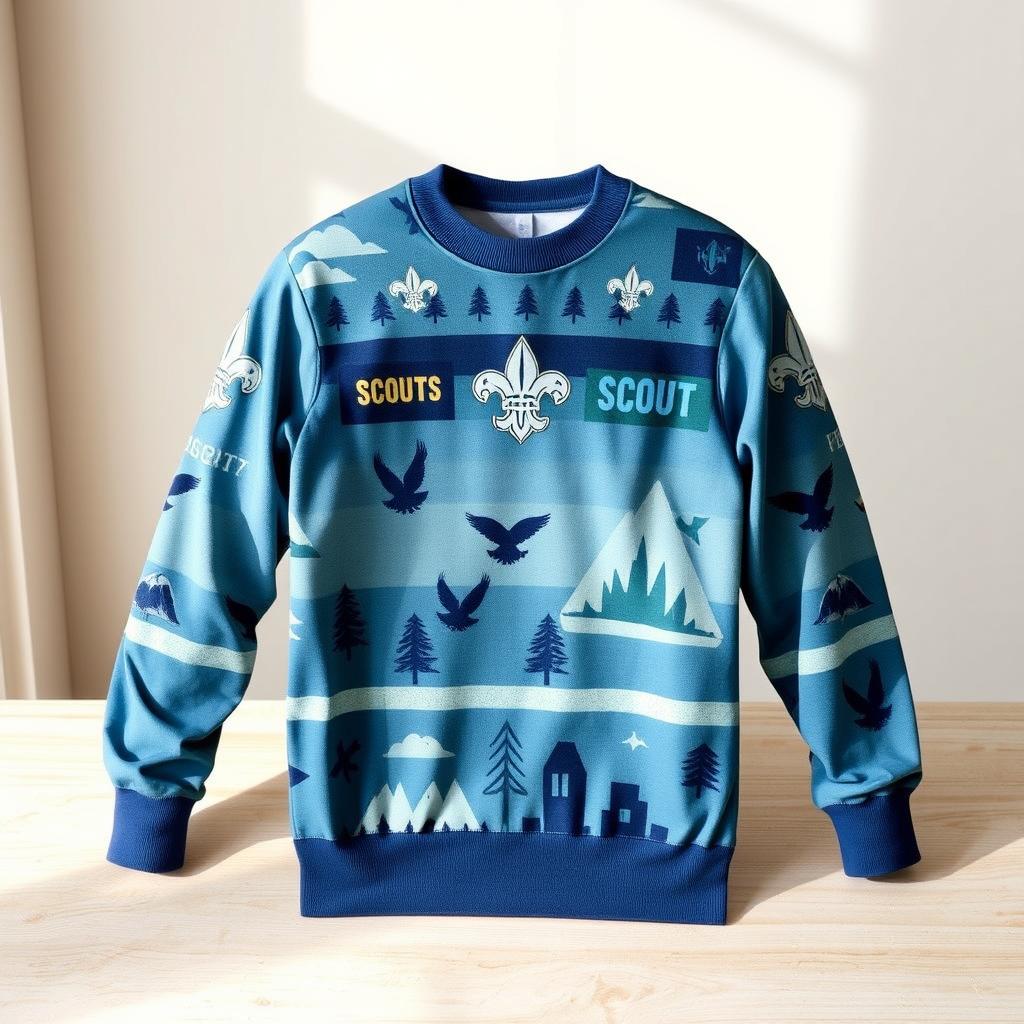 A long sleeve scouting jersey featuring traditional scout motifs and patterns, predominantly in shades of blue