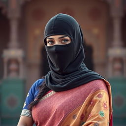A stunning Indian woman wears a traditional saree that elegantly drapes her figure, showcasing intricate patterns and vibrant colors