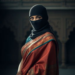 A stunning Indian woman wears a traditional saree that elegantly drapes her figure, showcasing intricate patterns and vibrant colors