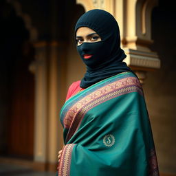A stunning Indian woman wears a traditional saree that elegantly drapes her figure, showcasing intricate patterns and vibrant colors
