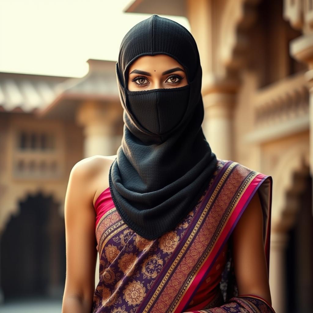 A stunning Indian woman wears a traditional saree that elegantly drapes her figure, showcasing intricate patterns and vibrant colors