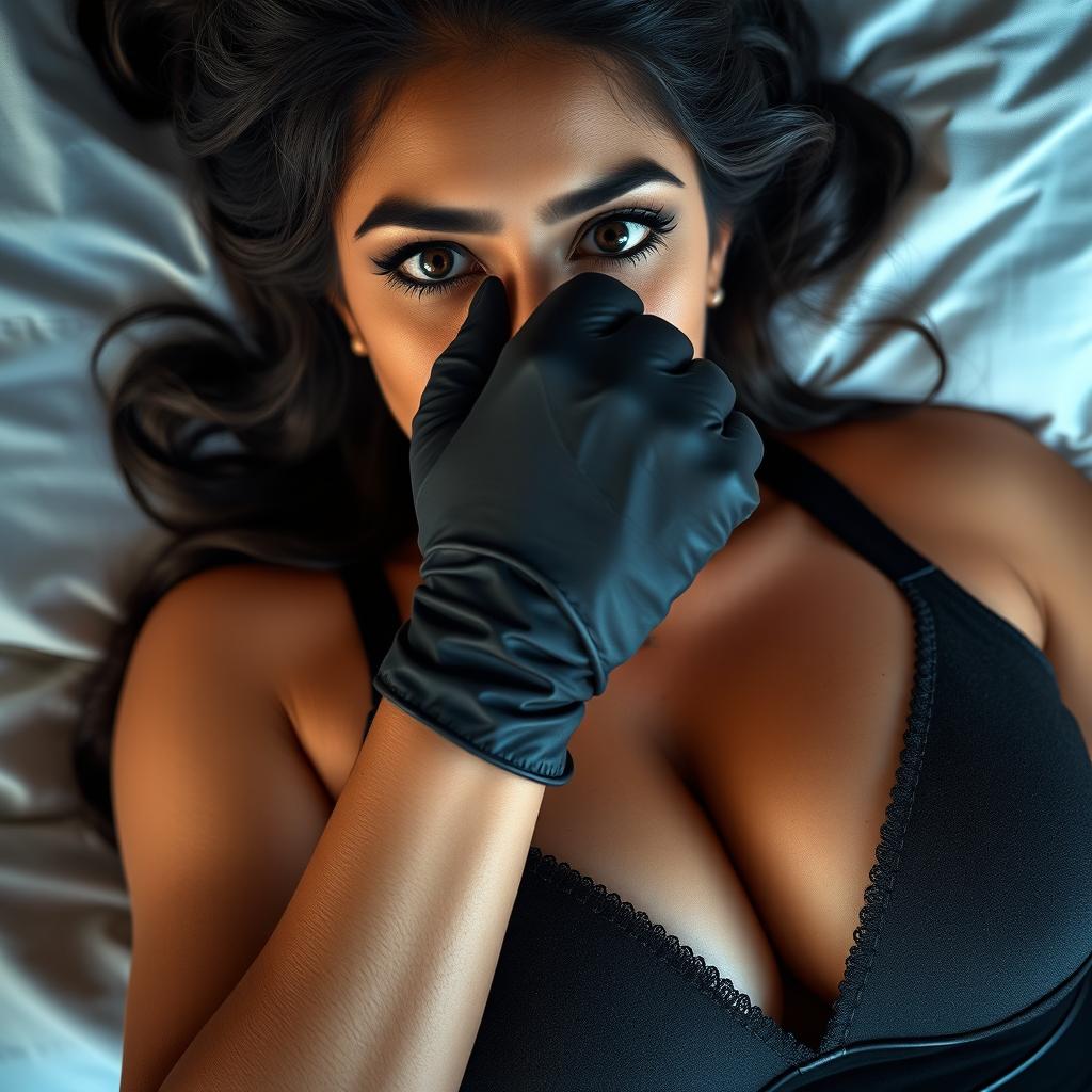 A sexy Indian woman dressed in a stylish mistress outfit, lying on a luxurious bed