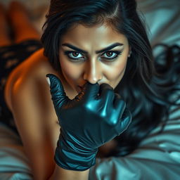 A sexy Indian woman dressed in a stylish mistress outfit, lying on a luxurious bed
