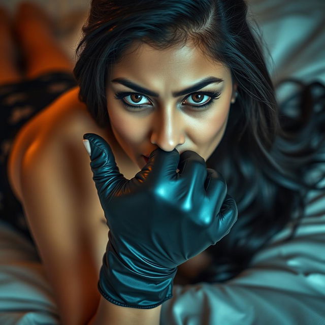A sexy Indian woman dressed in a stylish mistress outfit, lying on a luxurious bed