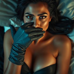 A sexy Indian woman dressed in a stylish mistress outfit, lying on a luxurious bed