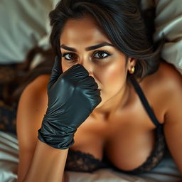 A sexy Indian woman dressed in a stylish mistress outfit, lying on a luxurious bed