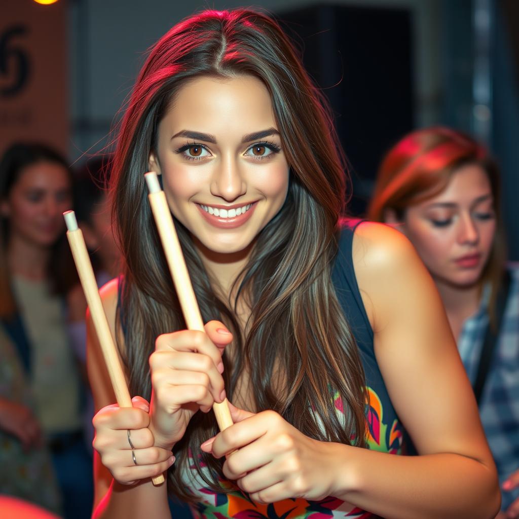 A charming 25-year-old woman with striking beauty, holding drumsticks in her hands