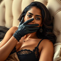 A sexy Indian woman in a captivating mistress outfit, reclining on an elegant bed