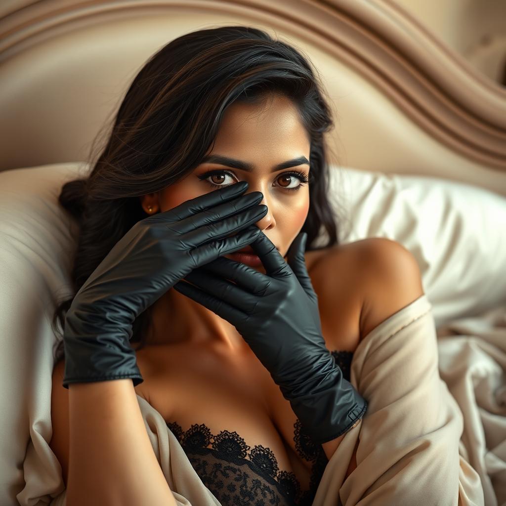 A sexy Indian woman in a captivating mistress outfit, reclining on an elegant bed