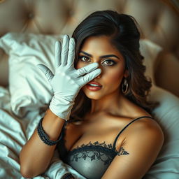 A sexy Indian woman in a captivating mistress outfit, reclining on an elegant bed